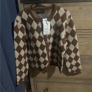 NWT ZARA Argyle Knit Button-Up Cardigan Brown and Cream